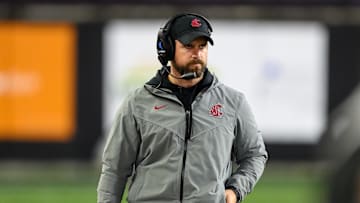 Nov 1, 2025; Corvallis, Oregon, USA; Washington State Cougars head coach Jimmy Rogers during a time out in the 4th quarter against the Oregon State Beavers at Reser Stadium. Mandatory Credit: Craig Strobeck-Imagn Images