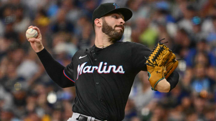 Jul 28, 2024; Milwaukee, Wisconsin, USA;  Miami Marlins pitcher Kyle Tyler (73) pitches in the first inning against the Milwaukee Brewers at American Family Field