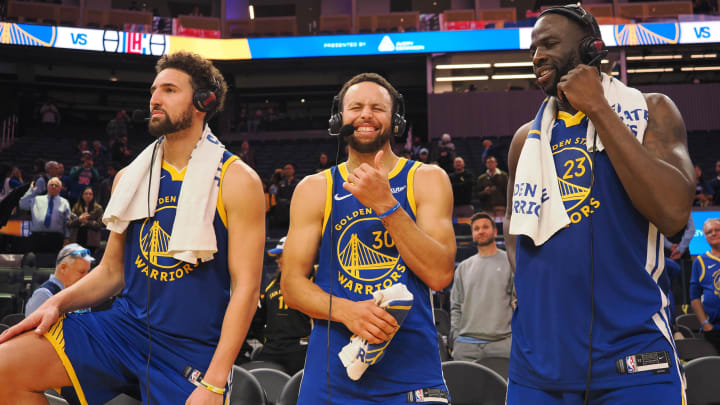 Golden State Warriors guard Klay Thompson (11), guard Stephen Curry (30) and forward Draymond Green (23) after the game against the Los Angeles Clippers at Chase Center. Mandatory Credit: 