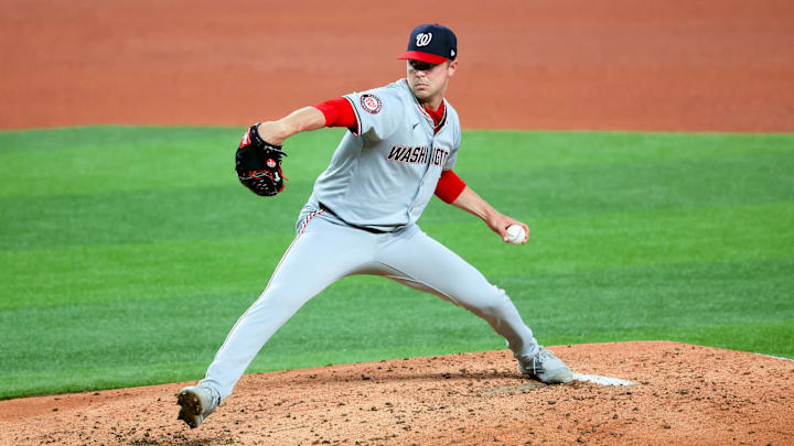 Apr 30, 2024; Arlington, Texas, USA;  Washington Nationals starting pitcher MacKenzie Gore (1) throws during the fourth inning against the Texas Rangers at Globe Life Field. Mandatory Credit: Kevin Jairaj-Imagn Images