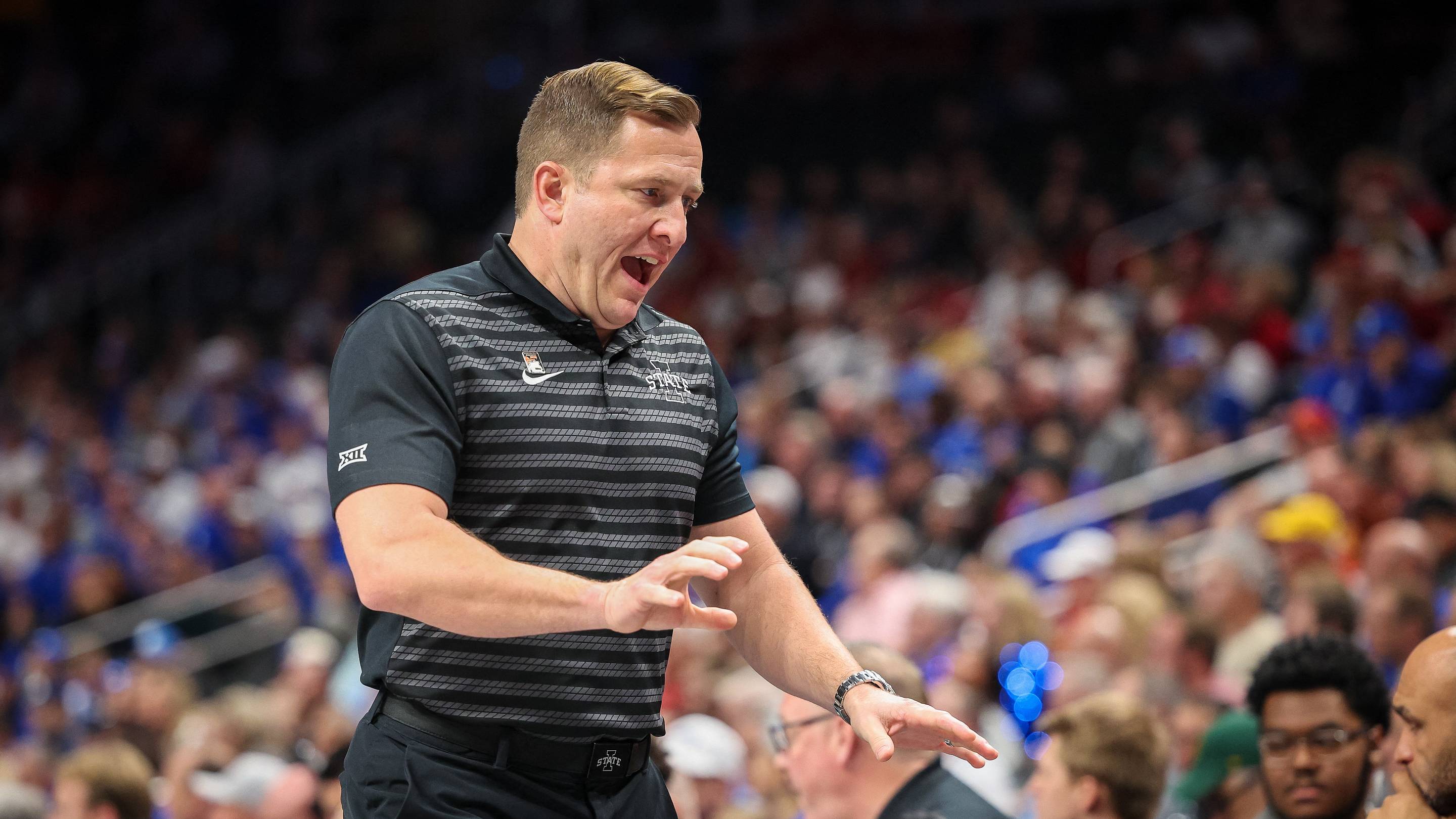 Mar 13, 2025; Kansas City, MO, USA; Iowa State Cyclones coach TJ Otzelberger during the first half against the Brigham Young Cougars at T-Mobile Center. Mandatory Credit: William Purnell-Imagn Images | IMAGN IMAGES via Reuters Connect