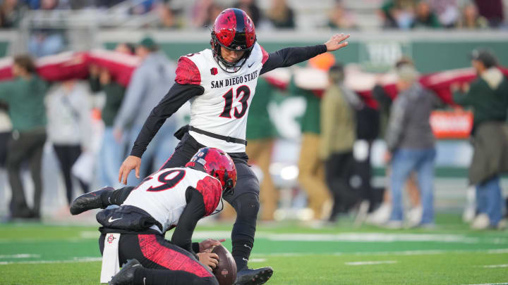 Nov 11, 2023; Fort Collins, Colorado, USA; San Diego State Aztecs place kicker Jack Browning (13) and place kicker Zechariah Ramirez (49) warm up before the game against the Colorado State Rams at Sonny Lubick Field at Canvas Stadium. Mandatory Credit: Andrew Wevers-USA TODAY Sports