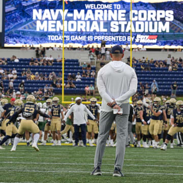 Sep 9, 2023; Annapolis, Maryland, USA;  Navy Midshipmen head coach Brian Newberry looks on as his team warms up before the game against the Wagner Seahawks at Navy-Marine Corps Memorial Stadium. Mandatory Credit: Tommy Gilligan-USA TODAY Sports