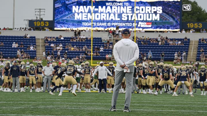 Sep 9, 2023; Annapolis, Maryland, USA;  Navy Midshipmen head coach Brian Newberry looks on as his team warms up before the game against the Wagner Seahawks at Navy-Marine Corps Memorial Stadium. Mandatory Credit: Tommy Gilligan-USA TODAY Sports
