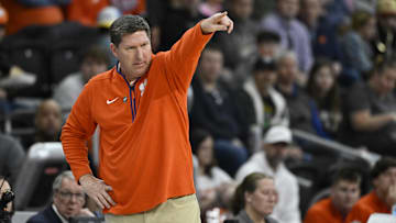 Mar 20, 2025; Providence, RI, USA; Clemson Tigers head coach Brad Brownell signals to his players during the first half against the McNeese State Cowboys at Amica Mutual Pavilion. Mandatory Credit: Eric Canha-Imagn Images