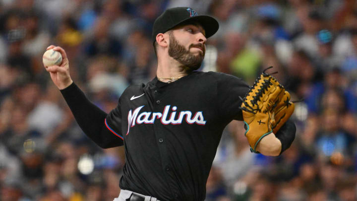 Jul 28, 2024; Milwaukee, Wisconsin, USA;  Miami Marlins pitcher Kyle Tyler (73) pitches in the first inning against the Milwaukee Brewers at American Family Field. Mandatory Credit: Benny Sieu-USA TODAY Sports