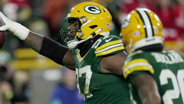 Green Bay Packers defensive tackle Kenny Clark (97) celebrates recovering a fumble by San Francisco 49ers quarterback Brandon Allen during the fourth quarter of their game Sunday, November 24, 2024 at Lambeau Field in Green Bay, Wisconsin.