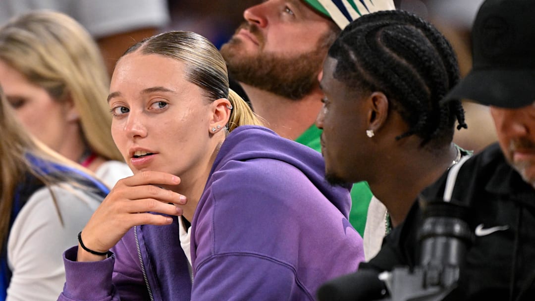 Oct 6, 2025; Fort Worth, Texas, USA; Dallas Wings guard Paige Bueckers looks on during the second quarter between the Dallas Mavericks and the Oklahoma City Thunder at Dickie's Arena. Mandatory Credit: Jerome Miron-Imagn Images
