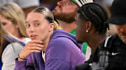 Oct 6, 2025; Fort Worth, Texas, USA; Dallas Wings guard Paige Bueckers looks on during the second quarter between the Dallas Mavericks and the Oklahoma City Thunder at Dickie's Arena. Mandatory Credit: Jerome Miron-Imagn Images