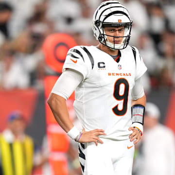 Cincinnati Bengals wide receiver Ja'Marr Chase (1) and Cincinnati Bengals quarterback Joe Burrow (9) get set for a play in the fourth quarter during a Week 3 NFL football game between the Los Angeles Rams and the Cincinnati Bengals, Monday, Sept. 25, 2023, at Paycor Stadium in Cincinnati. The Cincinnati Bengals won, 19-16.