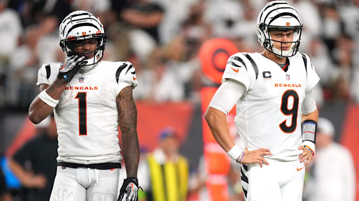 Cincinnati Bengals wide receiver Ja'Marr Chase (1) and Cincinnati Bengals quarterback Joe Burrow (9) get set for a play in the fourth quarter during a Week 3 NFL football game between the Los Angeles Rams and the Cincinnati Bengals, Monday, Sept. 25, 2023, at Paycor Stadium in Cincinnati. The Cincinnati Bengals won, 19-16.