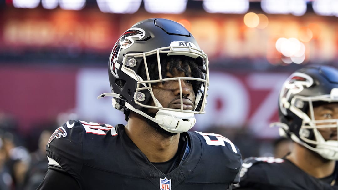 Dec 21, 2025; Glendale, Arizona, USA; Atlanta Falcons defensive end Leonard Floyd (56) against the Arizona Cardinals at State Farm Stadium. Mandatory Credit: Mark J. Rebilas-Imagn Images