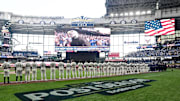 Oct 4, 2025; Milwaukee, Wisconsin, USA; A general view during the national anthem before game one of the NLDS round for the 2025 MLB playoffs between the Chicago Cubs and Milwaukee Brewers at American Family Field. Mandatory Credit: Benny Sieu-Imagn Images