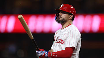 Sep 27, 2025; Philadelphia, Pennsylvania, USA; Philadelphia Phillies outfielder Kyle Schwarber (12) prepares to bat during the eighth inning against the Minnesota Twins at Citizens Bank Park. Mandatory Credit: Bill Streicher-Imagn Images