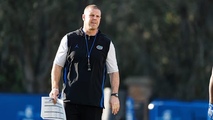 Florida Gators head coach Billy Napier looks on during spring football practice at Heavener Football Complex at the University of Florida in Gainesville, FL on Thursday, March 6, 2025. [Matt Pendleton/Gainesville Sun]