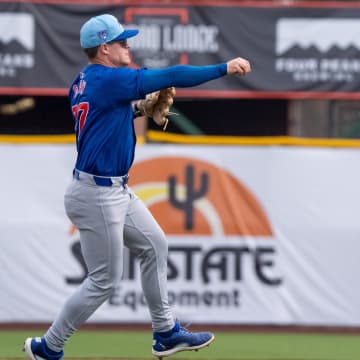 Feb 24, 2024; Scottsdale, Arizona, USA; Chicago Cubs infielder Matt Shaw (77) throws to first base in the first inning during a spring training game against the San Francisco Giants at Scottsdale Stadium. 
