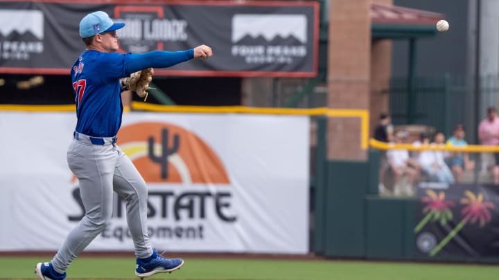 Feb 24, 2024; Scottsdale, Arizona, USA; Chicago Cubs infielder Matt Shaw (77) throws to first base in the first inning during a spring training game against the San Francisco Giants at Scottsdale Stadium. 