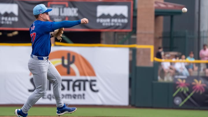 Feb 24, 2024; Scottsdale, Arizona, USA; Chicago Cubs infielder Matt Shaw throws to first base.