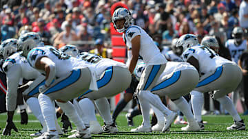 Sep 28, 2025; Foxborough, Massachusetts, USA;  Carolina Panthers quarterback Bryce Young (9) under center during the first half against the New England Patriots at Gillette Stadium. 