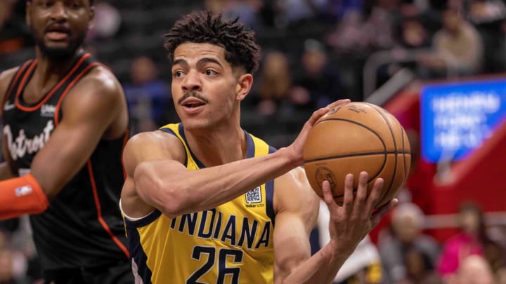 Mar 20, 2024; Detroit, Michigan, USA; Indiana Pacers guard Ben Sheppard (26) passes the ball against the Detroit Pistons in the second half at Little Caesars Arena. Mandatory Credit: David Reginek-USA TODAY Sports