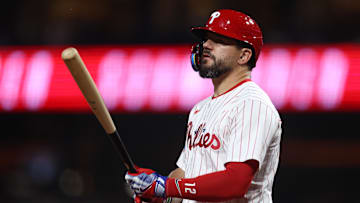 Sep 27, 2025; Philadelphia, Pennsylvania, USA; Philadelphia Phillies outfielder Kyle Schwarber (12) prepares to bat during the eighth inning against the Minnesota Twins at Citizens Bank Park. Mandatory Credit: Bill Streicher-Imagn Images
