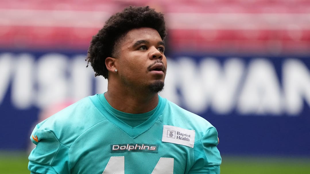 Nov 14, 2025; Madrid, Spain; Miami Dolphins linebacker Chop Robinson (44) during practice at Estadio Riyadh Air Metropolitano. Mandatory Credit: Kirby Lee-Imagn Images