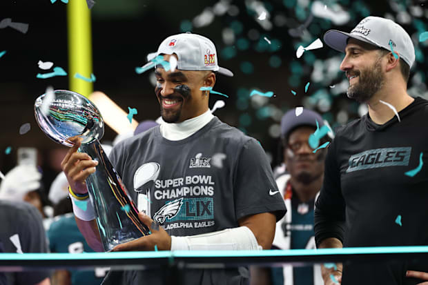 Former Alabama Crimson Tide quarterback Jalen Hurts of the Philadelphia Eagles in Super Bowl LIX.  