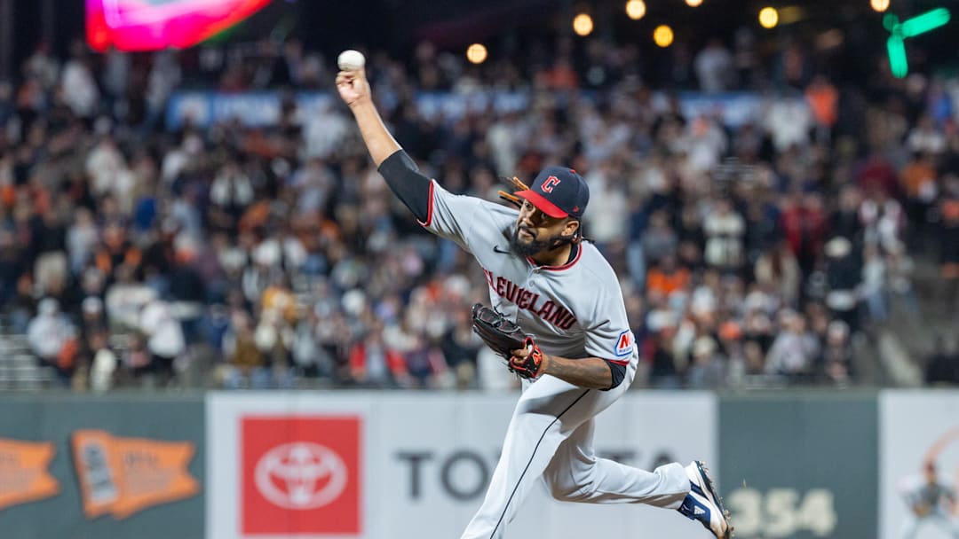 Jun 18, 2025; San Francisco, California, USA; Cleveland Guardians pitcher Emmanuel Clase (48) throws a pitch during the ninth inning against the San Francisco Giants at Oracle Park. Mandatory Credit: Bob Kupbens-Imagn Images