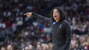 Mar 30, 2025; Birmingham, AL, USA; Duke Blue Devils head coach Kara Lawson coaches her team during the second half of an Elite 8 NCAA Tournament basketball game against the South Carolina Gamecocks at Legacy Arena. Mandatory Credit: Vasha Hunt-Imagn Images