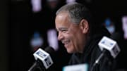 Apr 6, 2025; San Antonio, TX, USA; Houston head coach Kelvin Sampson talks to the media at the Alamodome. Mandatory Credit: Robert Deutsch-Imagn Images