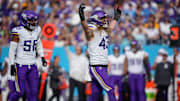 Minnesota Vikings linebacker Andrew Van Ginkel (43) celebrates his sack of Tennessee Titans quarterback Will Levis (8) during the second quarter at Nissan Stadium in Nashville, Tenn., Sunday, Nov. 17, 2024.