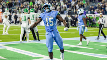 Dec 5, 2025; New Orleans, LA, USA;  Tulane Green Wave wide receiver Zycarl Lewis Jr. (15) reacts to a play against the North Texas Mean Green during the second half in the 2025 American Championship at Yulman Stadium. Mandatory Credit: Stephen Lew-Imagn Images