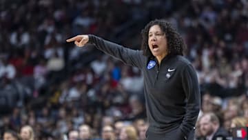 Mar 30, 2025; Birmingham, AL, USA; Duke Blue Devils head coach Kara Lawson coaches her team during the second half of an Elite 8 NCAA Tournament basketball game against the South Carolina Gamecocks at Legacy Arena. Mandatory Credit: Vasha Hunt-Imagn Images