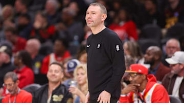 Dec 5, 2025; Atlanta, Georgia, USA; Denver Nuggets head coach David Adelman on the sideline against the Atlanta Hawks in the second quarter at State Farm Arena. Mandatory Credit: Brett Davis-Imagn Images