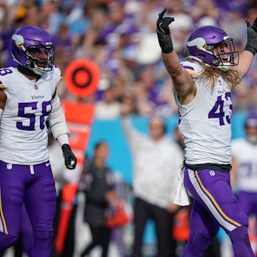 Minnesota Vikings linebacker Andrew Van Ginkel (43) celebrates his sack of Tennessee Titans quarterback Will Levis (8) during the second quarter at Nissan Stadium in Nashville, Tenn., Sunday, Nov. 17, 2024.