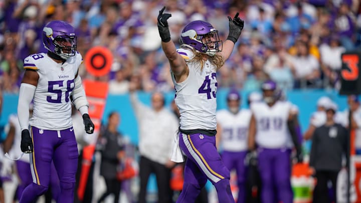 Minnesota Vikings linebacker Andrew Van Ginkel (43) celebrates his sack of Tennessee Titans quarterback Will Levis (8) during the second quarter at Nissan Stadium in Nashville, Tenn., Sunday, Nov. 17, 2024. Minnesota Vikings linebacker Andrew Van Ginkel (43) celebrates his sack of Tennessee Titans quarterback Will Levis (8) during the second quarter at Nissan Stadium in Nashville, Tenn., Sunday, Nov. 17, 2024.