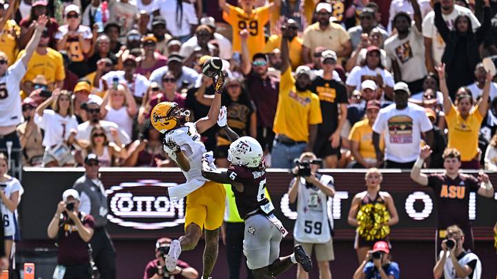 Sep 12, 2026; College Station, Texas, USA; Arizona State Sun Devils wide receiver Reed Harris (3) catches a pass for a touchdown as Texas A&M Aggies cornerback Julio Humphrey (6) defends at Kyle Field. Mandatory Credit: Maria Lysaker-Imagn Images