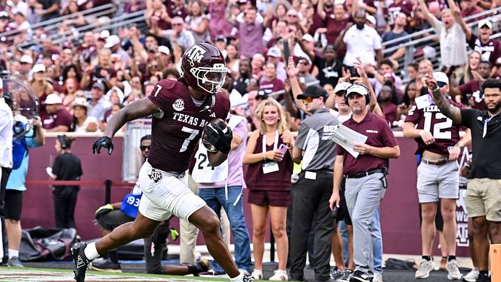 Sep 5, 2026; College Station, Texas, USA; Texas A&M Aggies wide receiver Isaiah Horton (7) runs the ball into the end zone for a touchdown during the first quarter against the Missouri State Bears at Kyle Field. Mandatory Credit: Maria Lysaker-Imagn Images