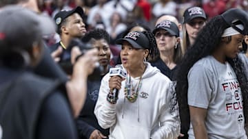 Mar 30, 2025; Birmingham, AL, USA; South Carolina Gamecocks head coach Dawn Staley gives words of thanks to the city of Birmingham and to the fans after the South Carolina Gamecocks defeated the Duke Blue Devils at an Elite 8 NCAA Tournament basketball game at Legacy Arena. Mandatory Credit: Vasha Hunt-Imagn Images