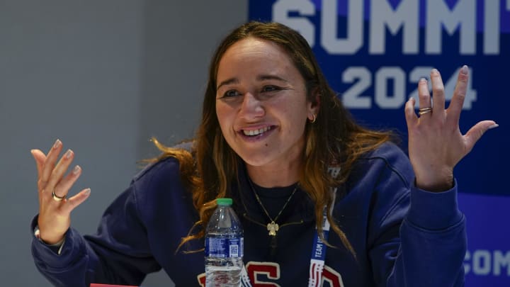 Apr 17, 2024; New York, New York, USA;  Surfing Olympic Gold Medalist Carissa Moore talks during the Team USA Media Summit at the  Mariott Marquis.