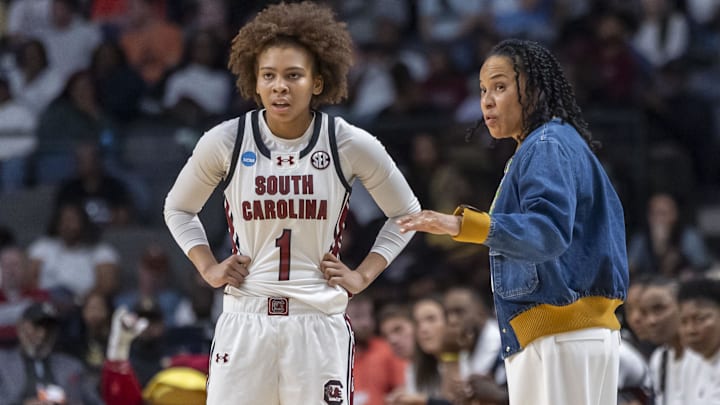Mar 28, 2025; Birmingham, AL, USA; South Carolina Gamecocks head coach Dawn Staley works with guard Maddy McDaniel (1) during the first half of a Sweet 16 NCAA Tournament basketball game against the Maryland Terrapins at Legacy Arena. Mandatory Credit: Vasha Hunt-Imagn Images
