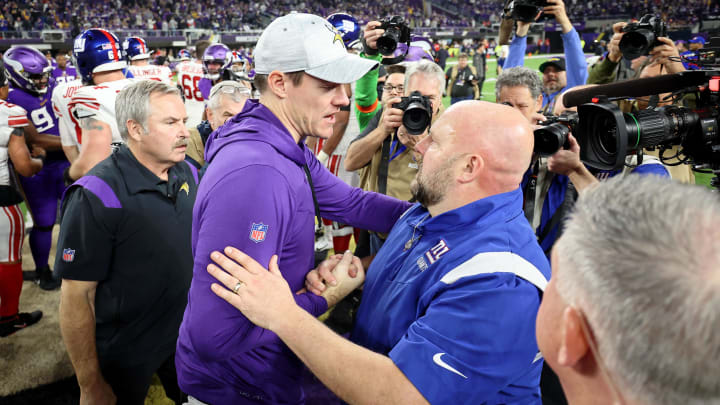 Jan 15, 2023; Minneapolis, Minnesota, USA; Minnesota Vikings head coach Kevin O'Connell and New York Giants head coach Brian Daboll embrace after a wild card game at U.S. Bank Stadium.  