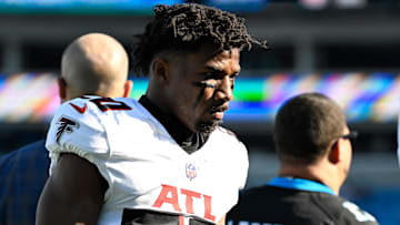 Oct 13, 2024; Charlotte, North Carolina, USA;  Atlanta Falcons cornerback Dee Alford (20) before the game at Bank of America Stadium. Mandatory Credit: Bob Donnan-Imagn Images