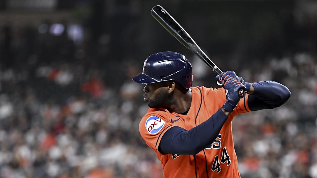 Apr 24, 2026; Houston, Texas, USA; Houston Astros designated hitter Yordan Alvarez (44) at bat in the first inning against the New York Yankees at Daikin Park. 