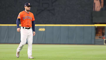 Oct 2, 2024; Houston, Texas, USA; Houston Astros third base Alex Bregman (2) warms up before game two of the Wildcard round for the 2024 MLB Playoffs against the Detroit Tigers at Minute Maid Park. Mandatory Credit: Thomas Shea-Imagn Images