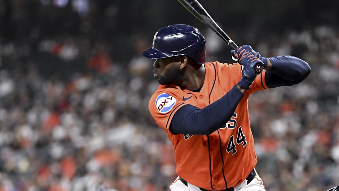 Apr 24, 2026; Houston, Texas, USA; Houston Astros designated hitter Yordan Alvarez (44) at bat in the first inning against the New York Yankees at Daikin Park. Mandatory Credit: Maria Lysaker-Imagn Images