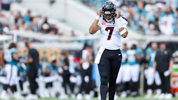 Sep 21, 2025; Jacksonville, Florida, USA; Houston Texans quarterback C.J. Stroud (7) looks on in between plays during the first quarter against the Jacksonville Jaguars at EverBank Stadium. Mandatory Credit: Morgan Tencza-Imagn Images