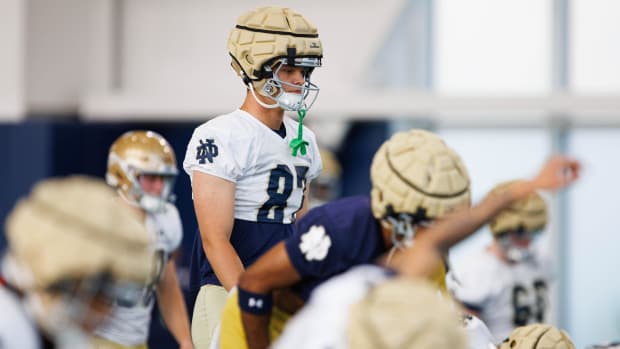 Notre Dame tight end Cooper Flanagan gets ready for opening practice of fall camp 2024.