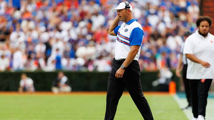 Oct 10, 2026; Gainesville, Florida, USA;  Florida Gators head coach Jon Sumrall walks on the field against the South Carolina Gamecocks during the second half at Ben Hill Griffin Stadium.  Mandatory Credit: Matt Pendleton-Imagn Images