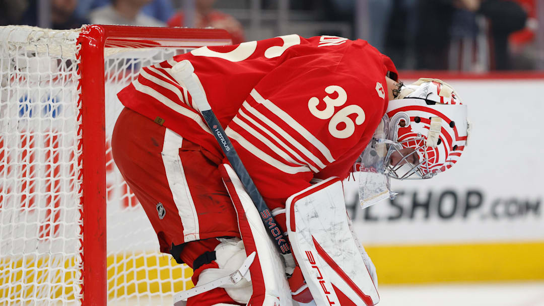 Apr 11, 2026; Detroit, Michigan, USA;  Detroit Red Wings goaltender John Gibson (36) reacts in the first period against the New Jersey Devils at Little Caesars Arena. Mandatory Credit: Rick Osentoski-Imagn Images